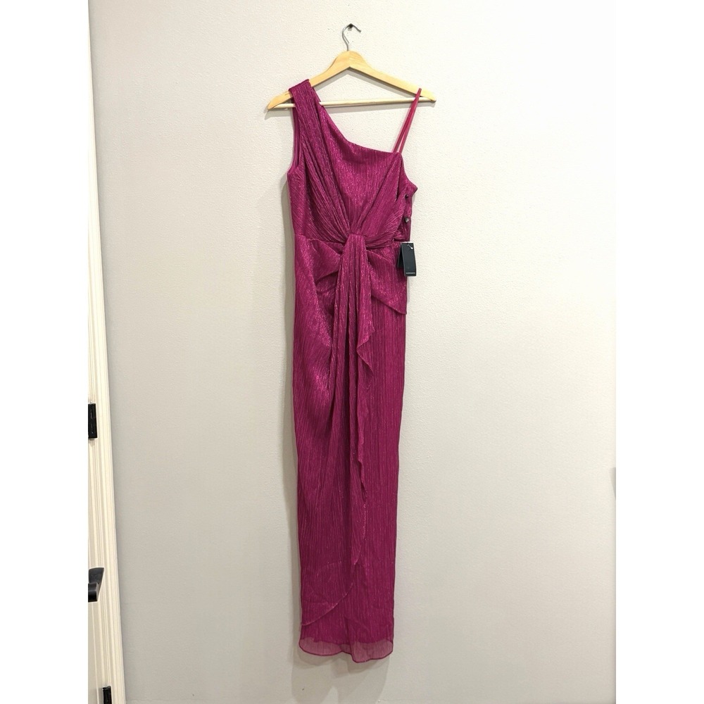 Adrianna Papell Stardust One-Shoulder Gathered Gown Magenta Pink Size 10 - Picture 3 of 16